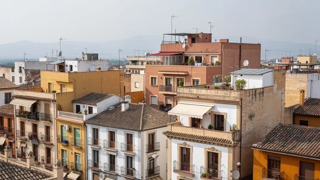 Vista panorámica de edificios residenciales mediterráneos en España mostrando diversidad arquitectónica urbana