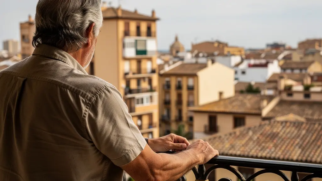 Pareja de mediana edad observando el horizonte urbano desde un balcón con arquitectura española