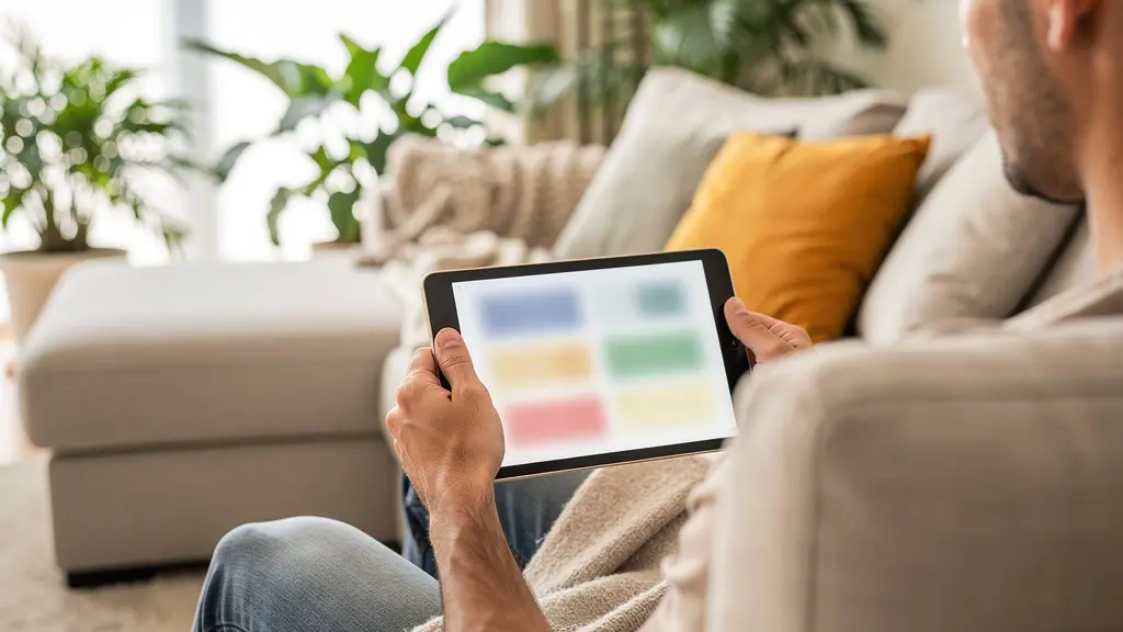 Persona consultando información inmobiliaria en tablet en un salón luminoso de estilo español