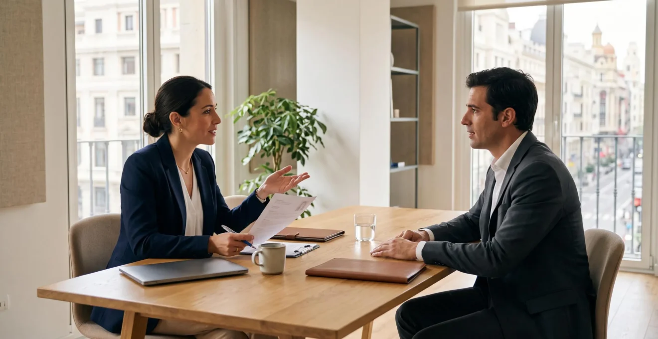 Una consultora de reclutamiento realiza una entrevista profesional a un candidato en una oficina luminosa de Madrid.
