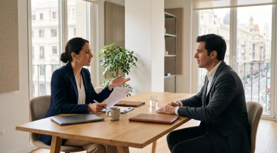 Una consultora de reclutamiento realiza una entrevista profesional a un candidato en una oficina luminosa de Madrid.